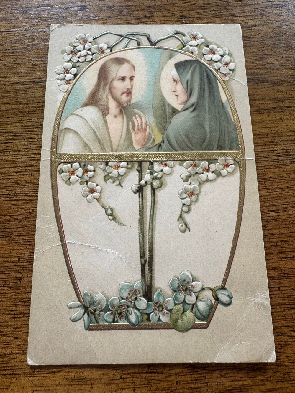 Vintage Embossed Religious Postcard Jesus Mary Floral Unused Gold Accent